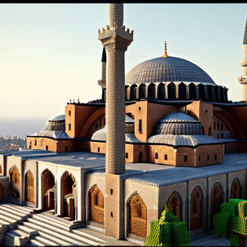 Home 19 ** "Minecraft recreation of Hagia Sophia. Detailed Ottoman architecture, realistic textures, minarets, and dome. Turkish landscape background. High resolution."
**