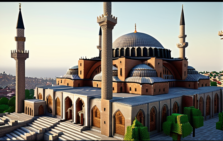 ** "Minecraft recreation of Hagia Sophia. Detailed Ottoman architecture, realistic textures, minarets, and dome. Turkish landscape background. High resolution."
**