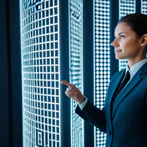Home 17 A professional architect, fully clothed in a modern, modest business suit, stands in a futuristic, sleek office. She is interacting with a holographic display showcasing complex, evolving Minecraft-like architectural structures. The background features subtle geometric patterns and digital light accents, reflecting the power of AI-driven design automation. Her pose is natural, her anatomy perfect with correct proportions, and well-formed hands with proper finger count. This is a high-quality professional photograph, appropriate content, safe for work, and family-friendly.
