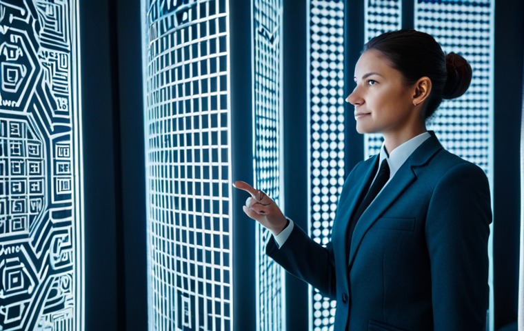 A professional architect, fully clothed in a modern, modest business suit, stands in a futuristic, sleek office. She is interacting with a holographic display showcasing complex, evolving Minecraft-like architectural structures. The background features subtle geometric patterns and digital light accents, reflecting the power of AI-driven design automation. Her pose is natural, her anatomy perfect with correct proportions, and well-formed hands with proper finger count. This is a high-quality professional photograph, appropriate content, safe for work, and family-friendly.