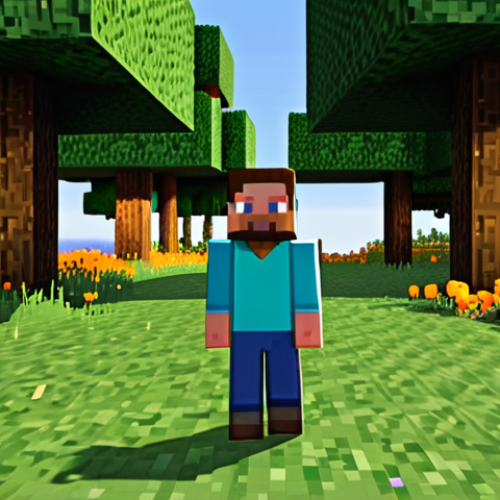 Home 8 A determined blocky Minecraft character, resembling Steve, wearing modest and appropriate block-style default attire. The character is standing in a vibrant, pixelated Minecraft overworld, surrounded by tall oak trees. A basic, temporary dirt shelter with a single flickering torch at its entrance is visible in the background, as the sun begins to set, casting long, blocky shadows across the landscape.