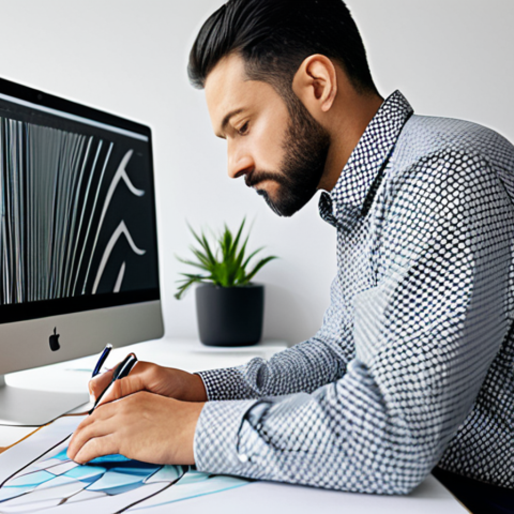 **Prompt:** A focused professional graphic designer is seated comfortably at a modern, clean desk in a brightly lit studio. They are looking intently at a large computer monitor displaying abstract digital patterns and creative software interfaces, with a drawing tablet and stylus resting beside the keyboard. The designer is wearing a modest, long-sleeved casual shirt and dark trousers, fully clothed, appropriate attire, professional dress. The background is a clean, minimalist workspace with shelves holding design books and a subtle plant, suggesting a creative environment. Perfect anatomy, correct proportions, natural pose, well-formed hands, proper finger count, natural body proportions. Safe for work, appropriate content, fully clothed, professional. High-resolution, professional studio lighting, sharp focus, detailed.