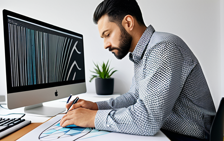 **Prompt:** A focused professional graphic designer is seated comfortably at a modern, clean desk in a brightly lit studio. They are looking intently at a large computer monitor displaying abstract digital patterns and creative software interfaces, with a drawing tablet and stylus resting beside the keyboard. The designer is wearing a modest, long-sleeved casual shirt and dark trousers, fully clothed, appropriate attire, professional dress. The background is a clean, minimalist workspace with shelves holding design books and a subtle plant, suggesting a creative environment. Perfect anatomy, correct proportions, natural pose, well-formed hands, proper finger count, natural body proportions. Safe for work, appropriate content, fully clothed, professional. High-resolution, professional studio lighting, sharp focus, detailed.