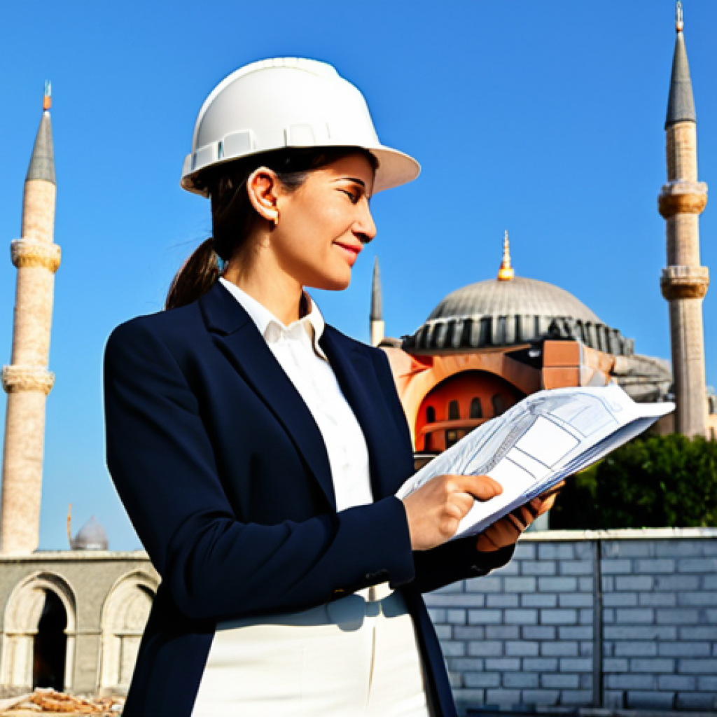 ** A professional female architect, fully clothed in a stylish yet modest business casual outfit (think well-fitting trousers, a blouse, and a blazer), is reviewing blueprints at a construction site in Istanbul. The background shows the iconic silhouette of the Hagia Sophia and the Blue Mosque against a clear, sunny sky. She is wearing a hard hat. Proper finger count, well-formed hands, perfect anatomy, correct proportions, natural pose, professional photography, high quality, appropriate attire, safe for work, family-friendly, professional. **