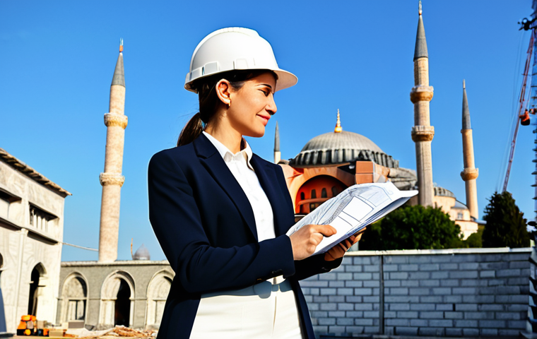 ** A professional female architect, fully clothed in a stylish yet modest business casual outfit (think well-fitting trousers, a blouse, and a blazer), is reviewing blueprints at a construction site in Istanbul. The background shows the iconic silhouette of the Hagia Sophia and the Blue Mosque against a clear, sunny sky. She is wearing a hard hat. Proper finger count, well-formed hands, perfect anatomy, correct proportions, natural pose, professional photography, high quality, appropriate attire, safe for work, family-friendly, professional. **