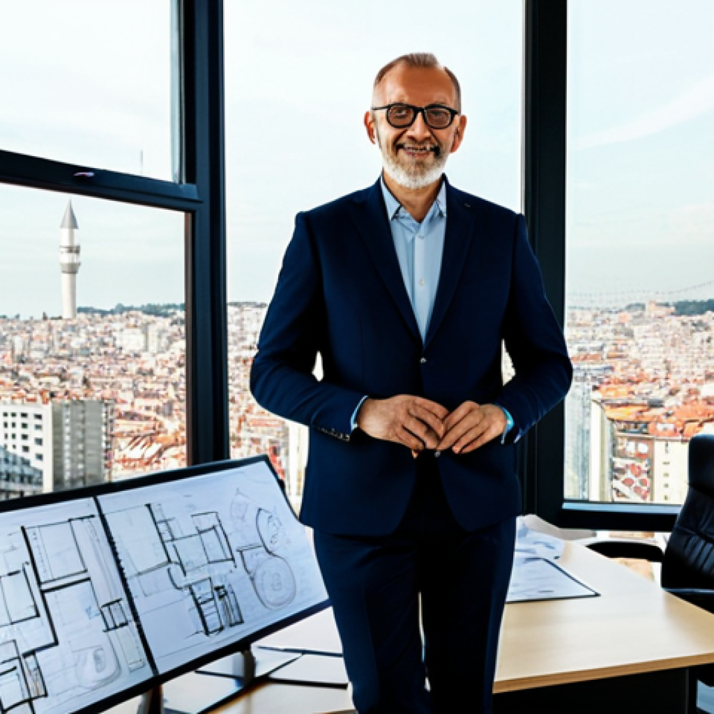 ** A professional architect, fully clothed in a stylish yet modest business outfit, standing in a modern architectural office filled with blueprints and models. The office has large windows overlooking Istanbul. Safe for work, appropriate content, perfect anatomy, correct proportions, natural pose, well-formed hands, proper finger count, natural body proportions, professional, family-friendly, high quality, detailed textures. **
