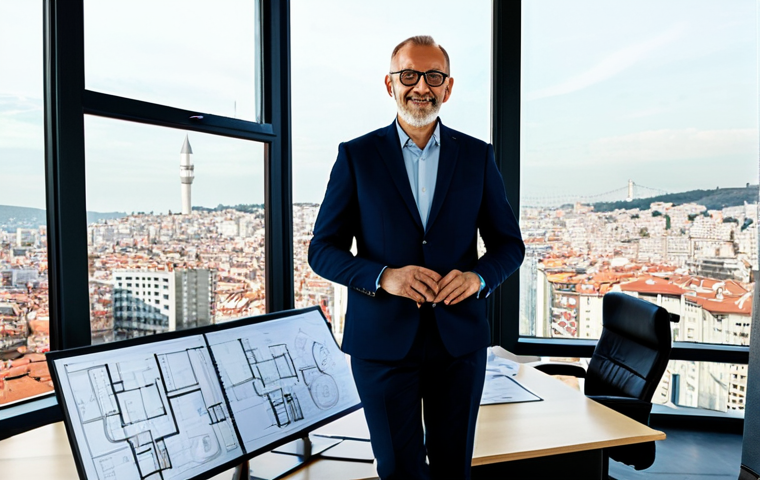** A professional architect, fully clothed in a stylish yet modest business outfit, standing in a modern architectural office filled with blueprints and models. The office has large windows overlooking Istanbul. Safe for work, appropriate content, perfect anatomy, correct proportions, natural pose, well-formed hands, proper finger count, natural body proportions, professional, family-friendly, high quality, detailed textures. **