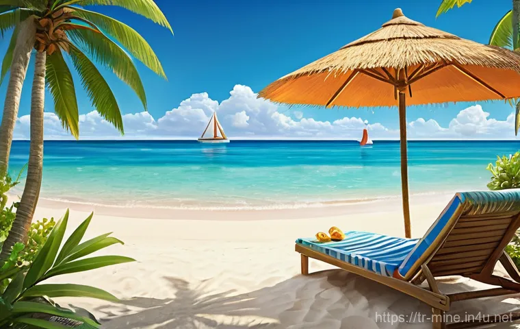 마인크래프트 계절별 테마 제작 - **Vibrant Summer Beach Paradise:** An idyllic, sun-drenched beach scene, rendered in a warm, inv...