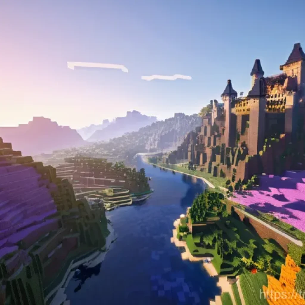 마인크래프트 지도 커스터마이징 - **A Grand Minecraft Landscape Dawn:** A breathtaking panoramic view of a vast, custom-built Minecraf...