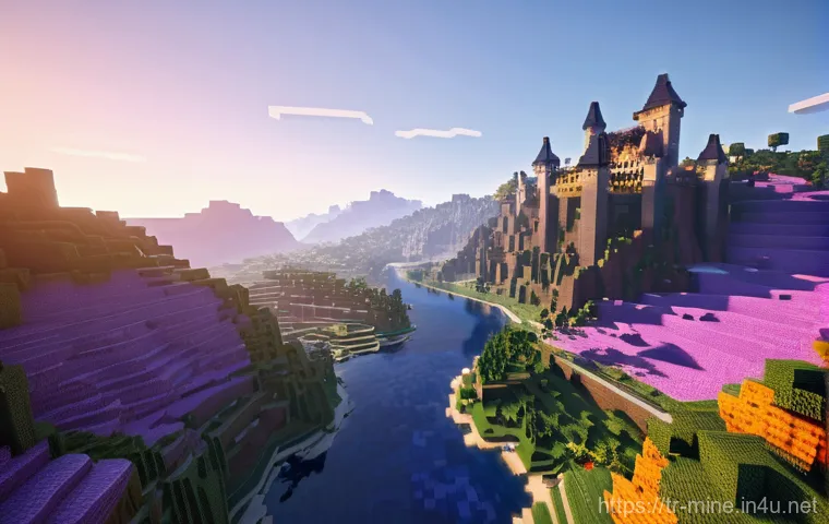 마인크래프트 지도 커스터마이징 - **A Grand Minecraft Landscape Dawn:** A breathtaking panoramic view of a vast, custom-built Minecraf...