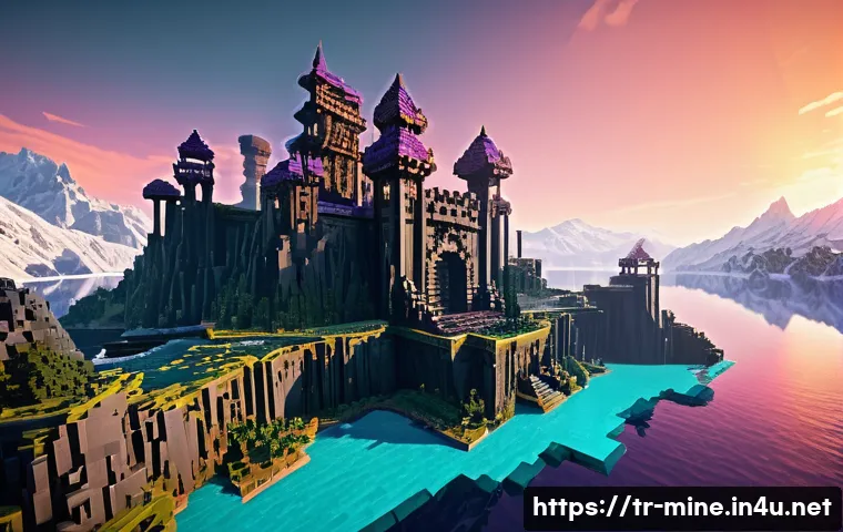 마인크래프트 방어 전략 - **Prompt:** "A magnificent, impregnable Minecraft fortress built atop a rugged, snow-capped mountain...