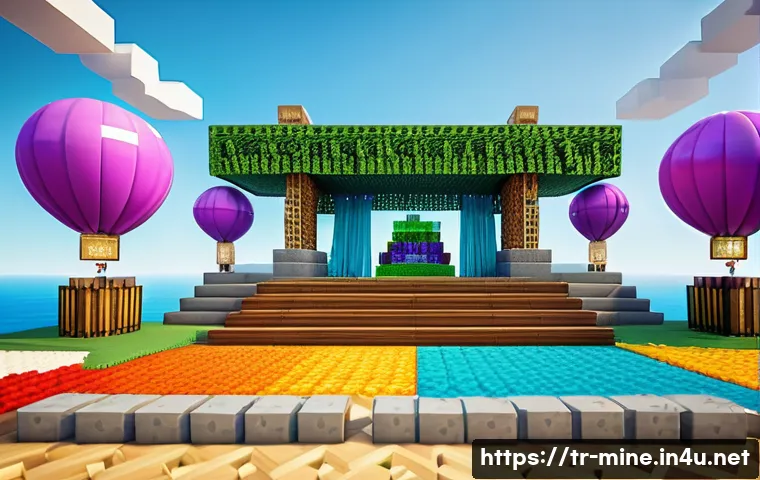 마인크래프트 패션쇼 맵 제작 - A medium-sized Minecraft fashion show stage measuring approximately 50x50 blocks with a height of 10...