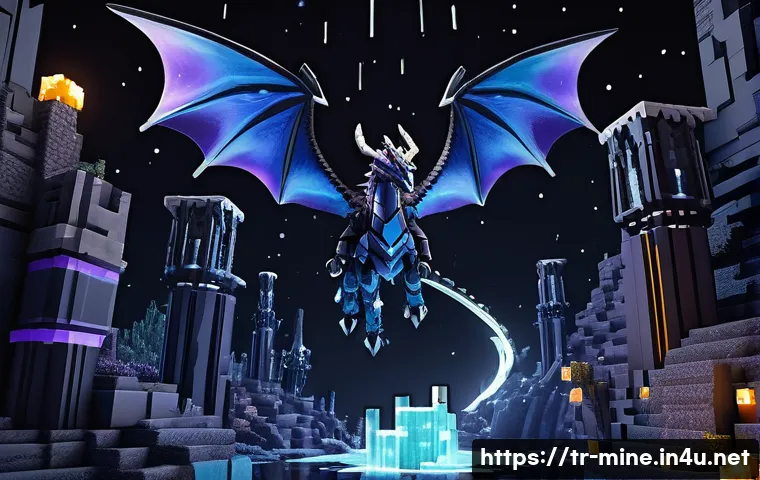 마인크래프트 보스 몬스터 공략 - A detailed Minecraft Ender Dragon battle scene showing a player equipped with enchanted netherite ar...