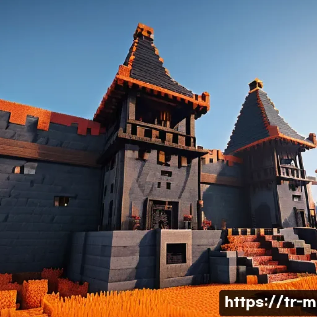 마인크래프트 방어 시설 설계 - A fortified Minecraft base featuring double-layered stone brick walls at least three blocks high, su...