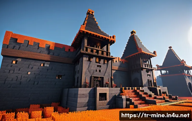마인크래프트 방어 시설 설계 - A fortified Minecraft base featuring double-layered stone brick walls at least three blocks high, su...