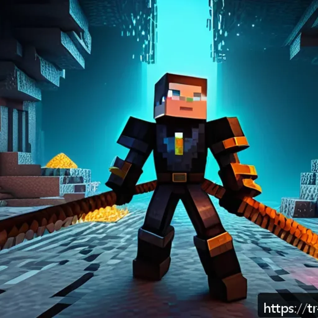 마인크래프트 재료 효율적 채집법 - A detailed Minecraft scene showing a player using a diamond pickaxe enchanted with Efficiency V and ...