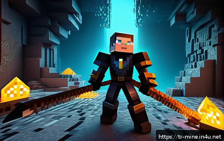 마인크래프트 재료 효율적 채집법 - A detailed Minecraft scene showing a player using a diamond pickaxe enchanted with Efficiency V and ...