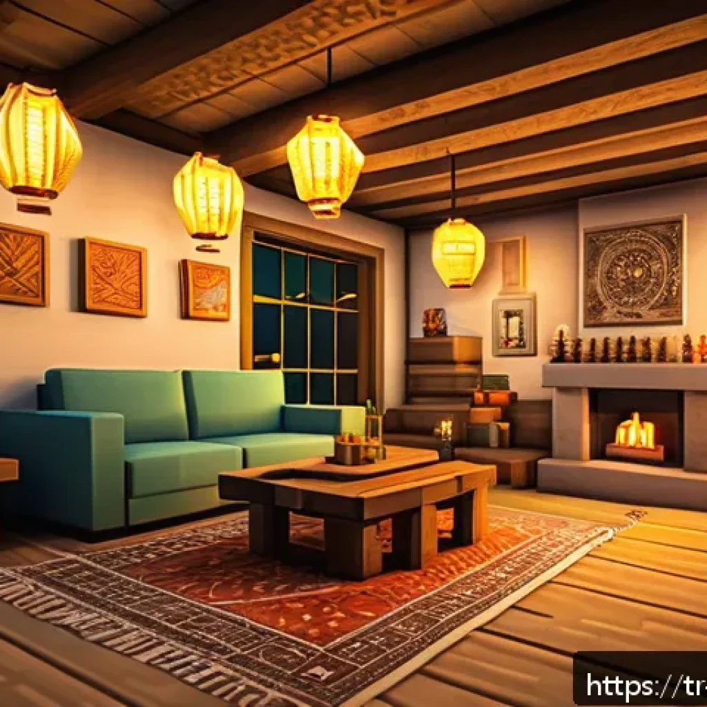 마인크래프트 조명 기술 팁 - A cozy Minecraft indoor living room scene at dusk, featuring a combination of glowing lanterns hangi...