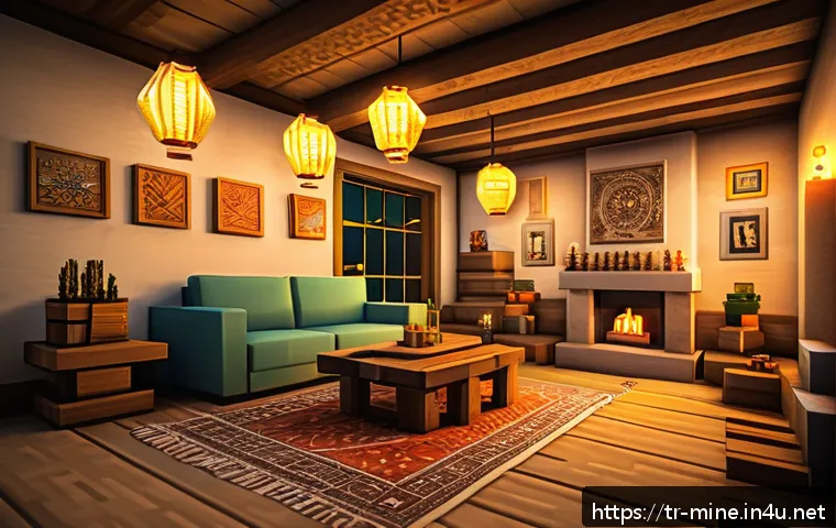 마인크래프트 조명 기술 팁 - A cozy Minecraft indoor living room scene at dusk, featuring a combination of glowing lanterns hangi...