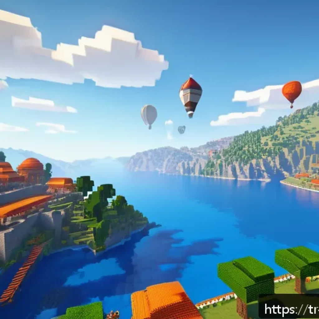 마인크래프트 서버 추천 - A vibrant and detailed Minecraft survival server scene set in a lush Turkish landscape, featuring a ...