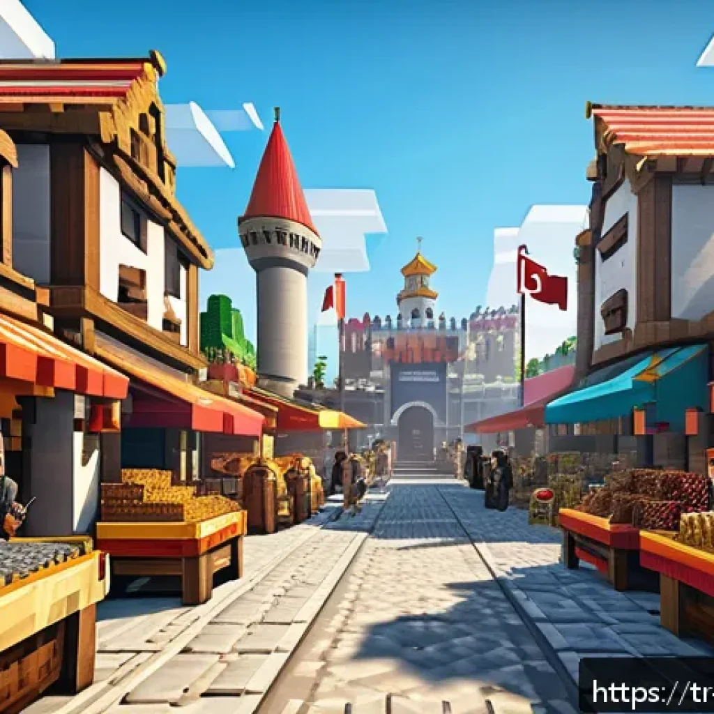 마인크래프트 가상 경제 체험 - A vibrant Minecraft marketplace scene on a popular Turkish server, featuring diverse players in colo...