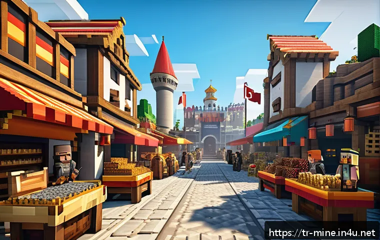 마인크래프트 가상 경제 체험 - A vibrant Minecraft marketplace scene on a popular Turkish server, featuring diverse players in colo...