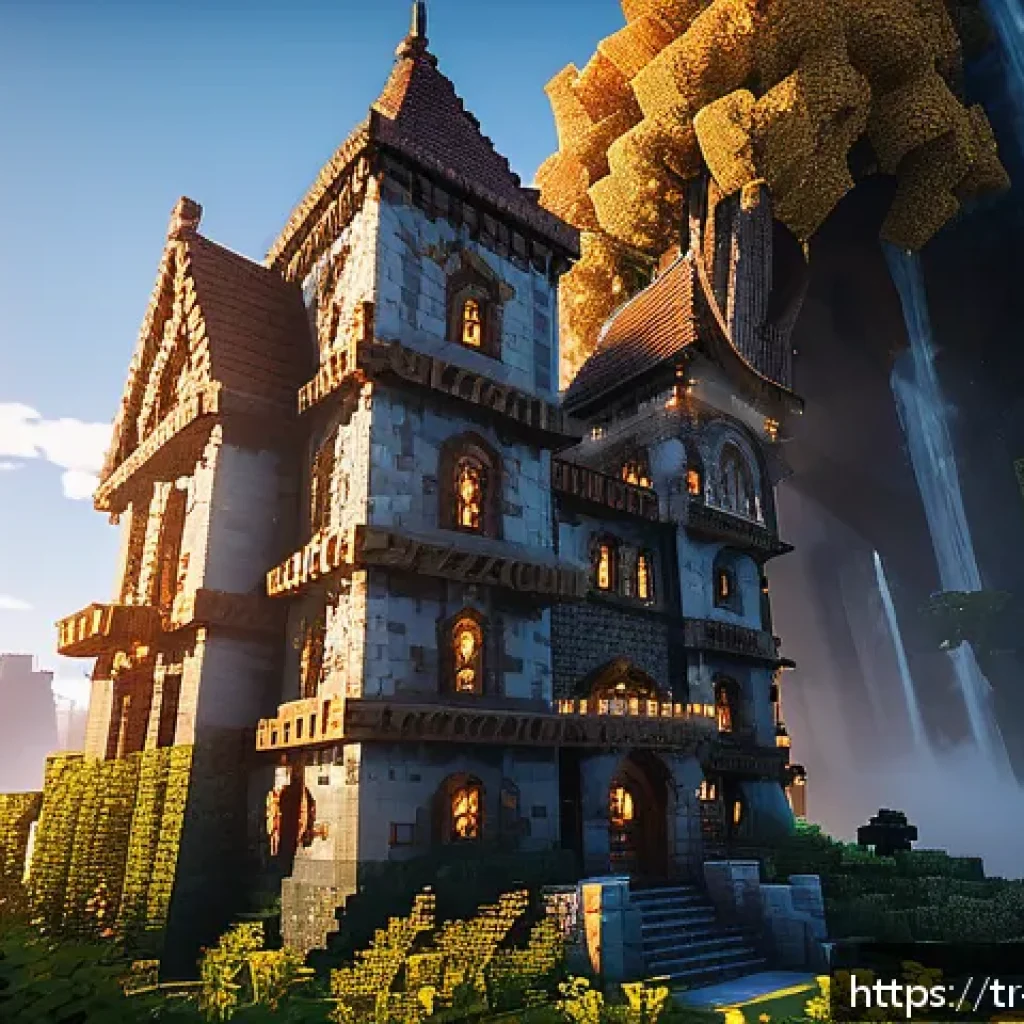 마인크래프트 마법사 타워 설계 - A majestic wizard tower in a fantasy Minecraft setting, featuring multiple floors with a spiral stai...