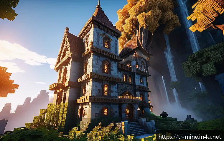 마인크래프트 마법사 타워 설계 - A majestic wizard tower in a fantasy Minecraft setting, featuring multiple floors with a spiral stai...