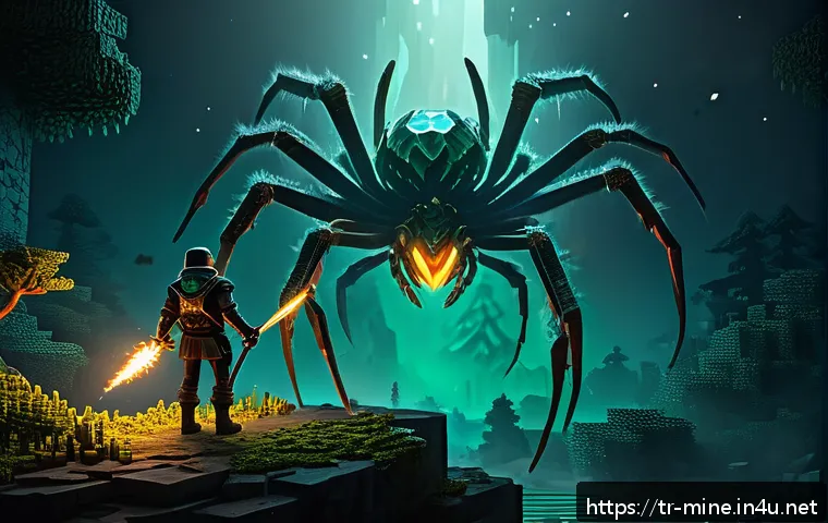 마인크래프트 서바이벌 공략법 - A dynamic Minecraft survival scene showing a player cautiously observing new hostile mobs from a dis...