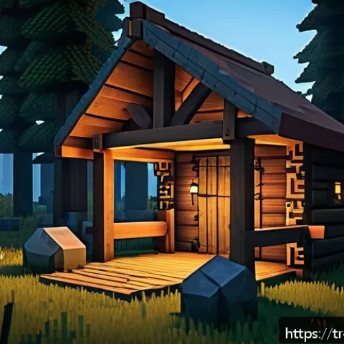 Home 32 마인크래프트 초보자 가이드 - A detailed Minecraft-style scene depicting a newly built wooden shelter in a forest clearing at dusk...