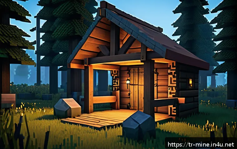 마인크래프트 초보자 가이드 - A detailed Minecraft-style scene depicting a newly built wooden shelter in a forest clearing at dusk...