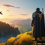 Home 19 마인크래프트 시네마틱 촬영 팁 - A cinematic Minecraft scene featuring a heroic character wearing detailed medieval armor and a cloak...