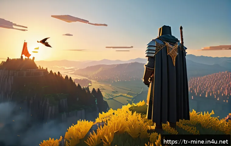 마인크래프트 시네마틱 촬영 팁 - A cinematic Minecraft scene featuring a heroic character wearing detailed medieval armor and a cloak...