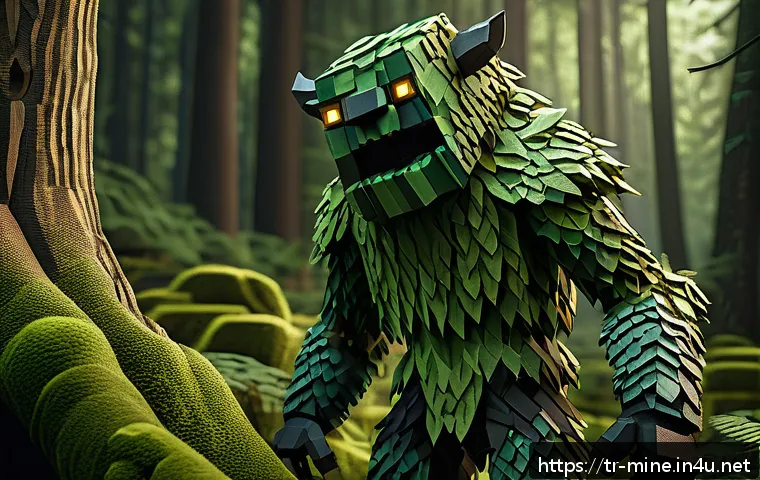 마인크래프트 몬스터 리소스팩 제작 - A forest monster design for a Minecraft resource pack, featuring a humanoid creature covered in natu...
