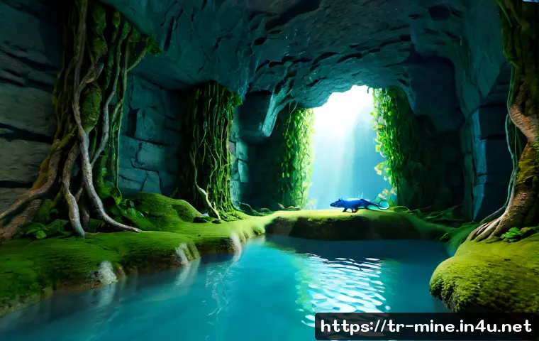 Home 17 마인크래프트 희귀 몹 서식지 - Photorealistic cinematic voxel-style underground lush cave habitat, a rare bright blue salamander-li...