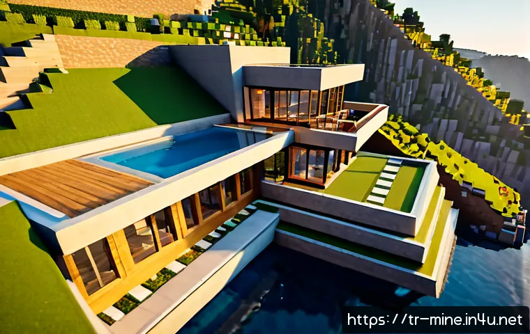 Home 16 마인크래프트 고급 건축 테크닉 - Photorealistic high-detail scene of an advanced Minecraft-inspired hillside villa built from blocky ...